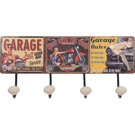 Porte-manteau mural en fer motif voiture rétro avec 4 crochets rouge noir jaune 40x5x17 cm - PANGIVO (1/4)