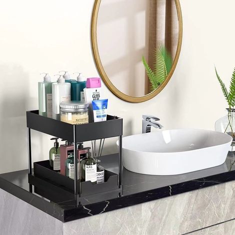 Mensola estensibile a due livelli per lavello, scaffale multifunzionale per cucina e bagno, con 5 ganci (nero). (1/3)