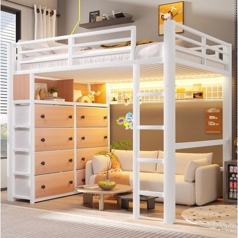 Letto a soppalco 140x200 cm con 8 cassetti, luci LED, ripiani, pannello forato, metallo e MDF bianco (1/5)