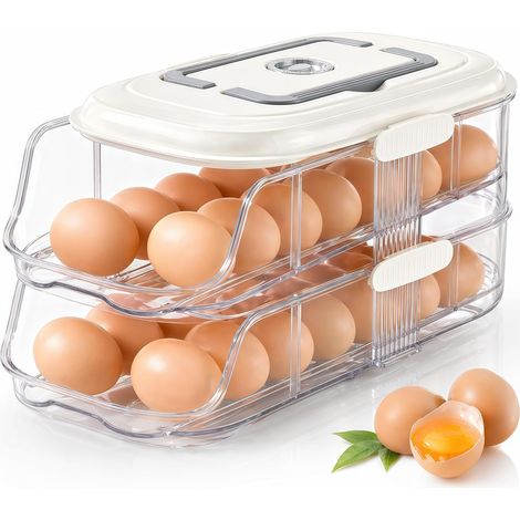 Distributeur d'œufs pour réfrigérateur à 2 niveaux, transparent et empilable, avec système de roulement fabriqué en PET durable, doté d'un indicateur de fraîcheur (1/5)