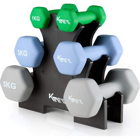 KM-Fit Neopren Kurzhantel Set 1–5 kg mit Ständer – Gusseisen Hanteln rutschfest für für Home Gym Fitness Grün, Blau, Grau (1/5)