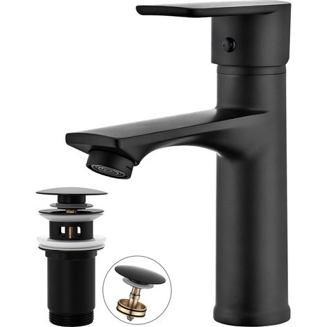 Ubeegol – Robinet de lavabo noir mat en acier inox – Bonde pop-up avec trop-plein – Hauteur 187 mm – Débit 8.4 L/min sous 3 bar