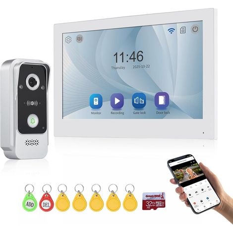 Système Interphone de Téléphone de Porte Vidéo 2 Fils, Caméra de Sonnerie Vidéo 1080P HD avec Moniteur, Grand écran 10 Pouces, Vision Nocturne, Déverrouillage de Carte RFID/APP (1/5)