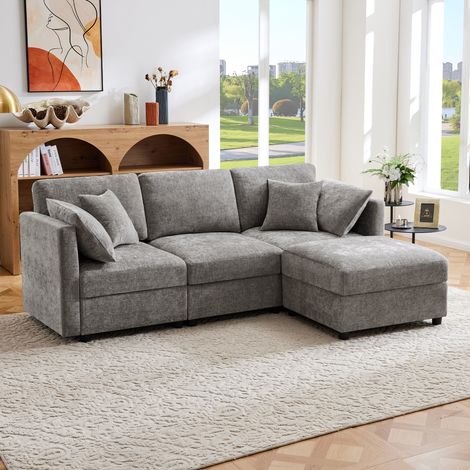 Ecksofa L-Form Grau Chenille – 3-Sitzer mit Ottomane, Schlaffunktion, 4 Kissen & verstellbaren Armlehnen (1/5)