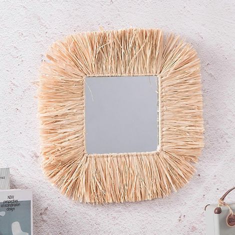Miroir carré mural simple en raphia pour bureau à domicile (1/4)