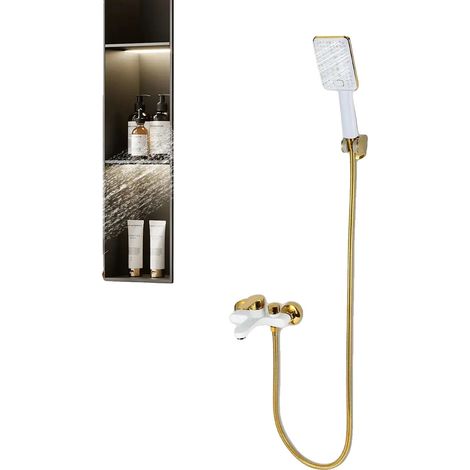 Grifo de baño mural, dos salidas de agua, ducha de mano incluida, color dorado, G1/2 (1/5)