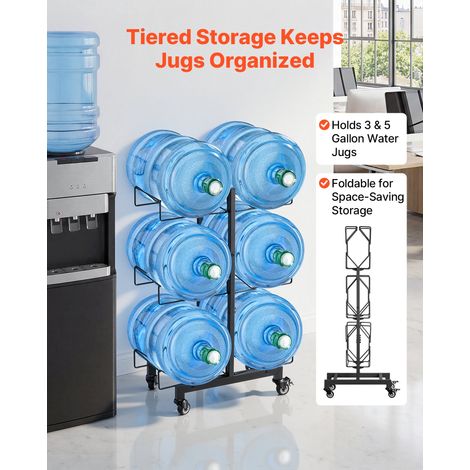 Support de Bonbonne d'Eau, Rack de Rangement pour 6 Bidons de 11L et 19L, 3 Niveaux Double Rangée, Cadre en Métal avec Roulettes et… (1/5)