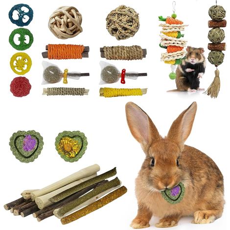 Rabbit Chew Toys 19 Pieces, Natural Wood and Hay for Cage (1/5)