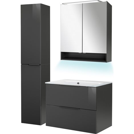 Fackelmann LUNA Badmöbel Set 5-teilig, 80 cm breit, Anthrazit, Glas Weiß+Spiegelschrank+Hochschrank"-"90253145 (1/5)