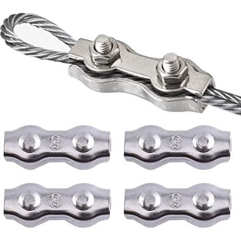 Serre Cable Acier, Serre Corde, Duplex Clips, M3 Double Serre-Câbles, Double Serre Câbles Inox, M3 Serre-Câbles en Acier Inoxydable pour la fixation d'un auvent de corde à linge, 4 Pièces (1/5)