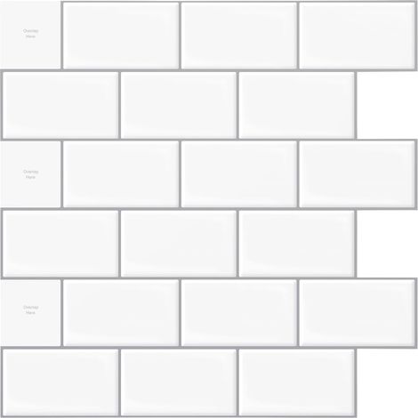 Lot de 10 Carreaux Adhésifs pour Cuisine,Blanc avec joint Gris  Pour Cuisine,Salle de Bains,Salon, Peler et Coller (1/5)