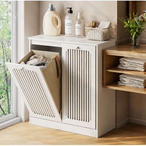Wäschemöbel mit 2 Stofffächern, Lamellenfront, 66 x 35 x 76 cm, Weiß OKMYHOME (1/5)