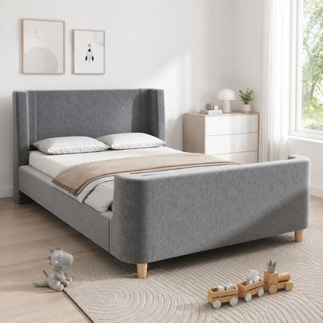 Cama infantil 90x200 cm gris de terciopelo con cabecero acolchado y motivo espacial (1/5)