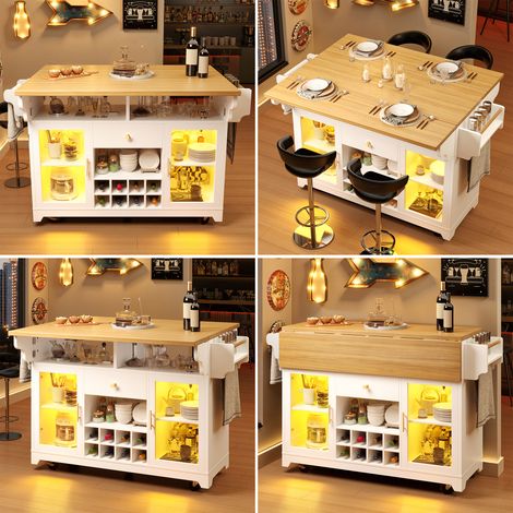 Îlot Central Desserte Cuisine à Roulettes Meuble Rangement Plateau Rabattable LED RGB Porte Bouteilles 120x80cm Blanc (1/5)
