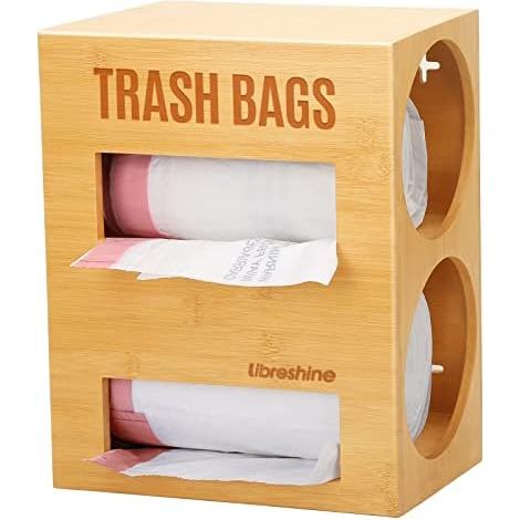 Dual-Slot Bamboo Trash Bag Dispenser for 13 Gallon, 2-in-1 Garbage/Grocery Bag Holder, Wall/Under-Sink Mount, Space-Saving Storage Organizer for Kitchen, Garage, Laundry, Pantry (1/5)