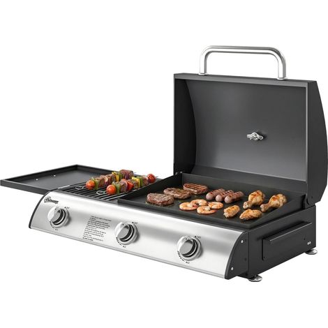 Barbecue à gaz 3 brûleurs 7,5 kW avec plancha, étagère latérale, thermomètre, noir