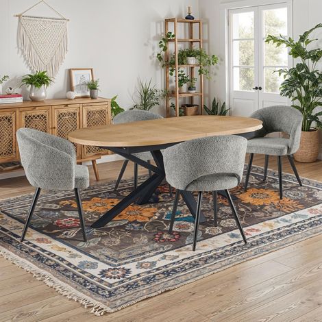 M&S – Table extensible 180-240 cm – 4 chaises tissu bouclette gris – Plateau anti-rayures – Pieds en métal noir – Pour espaces modernes