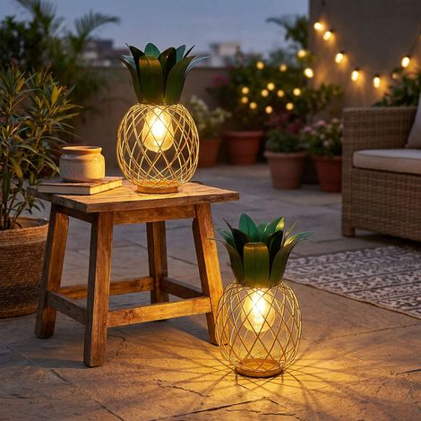 Solarleuchte Ananas Gartenfigur Dekoleuchte Terrassenleuchte Balkon, IP44, Akku, gelb grün, 1x LED, DxH 20x28 cm, 2er Set