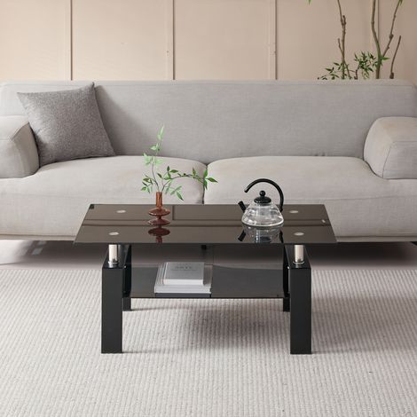 Table basse 2 niveaux en verre trempé, 100 x 60 x 44 cm, noire, OKMYHOME (1/5)
