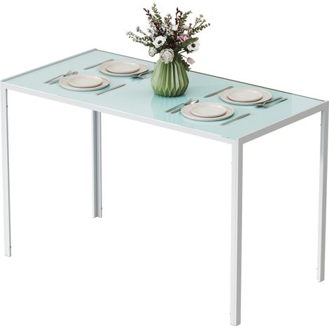 Esstisch für 4 Personen, Küchentisch mit Tischplatte aus gehärtetem Glas und Metallbeinen, 120 x 60 x 75 cm, weiß