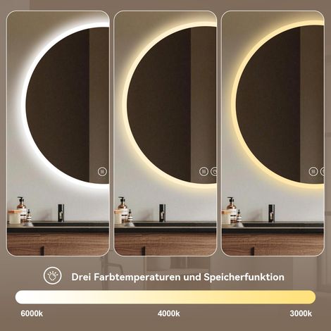 Miroir rond LED 70cm salle de bain avec éclairage, fixation murale, antibuée, 3 températures de couleur réglables et lumière dimmable, miroir de maquillage chambre et salle d'eau, miroir intelligent d (1/5)