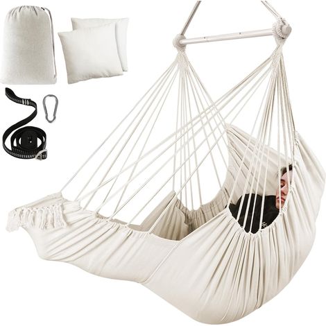Sièges Suspendus Chaise Hamac Balançoire Suspendue Coussins de Repose-Pieds Sangle de Suspension Mousqueton Inclus,Barre d'écartement en métal Repliable Coton Doux tissé Poche latérale (1/5)