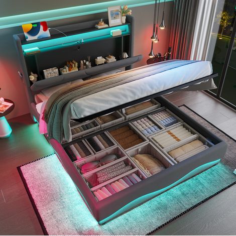 Lit coffre 140x200 LED velours gris HAVRYA (1/5)