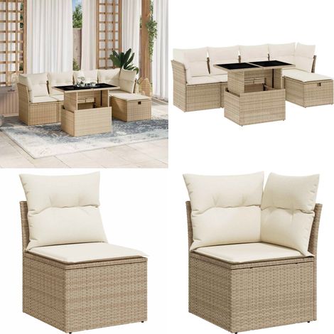 6-tlg. Garten-Sofagarnitur mit Kissen Beige Poly Rattan - Gartensorte - Gartenmöbelset - Lounge Set - Rattan Möbel - Outdoor Sofa - Home & Living (1/5)