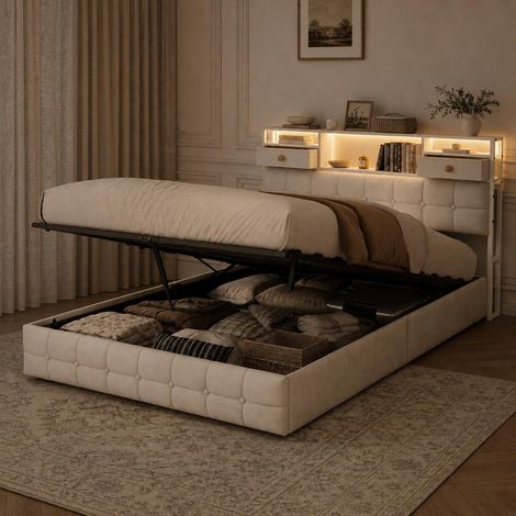 Stauraumbett 140x200 cm mit RGB-LED-Beleuchtung und USB-/Typ-C-Ladeanschlüssen, Kopfteil mit Stauraum und 2 Schubladen, Samt, Beige (1/5)
