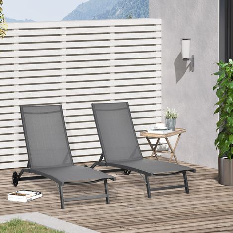 Lot de 2 bains de soleil en aluminium et textilène avec roulettes dossier inclinable charge max. 150 Kg Gris foncé