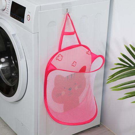 Sac à linge pliable grand format avec accroche murale, panier à linge amovible design chat rose pour salle de bain, filet aéré. (1/5)