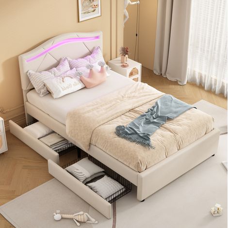 Lit capitonné 90 x 200 cm beige en lin avec LED, 2 tiroirs et tête de lit réglable (1/5)