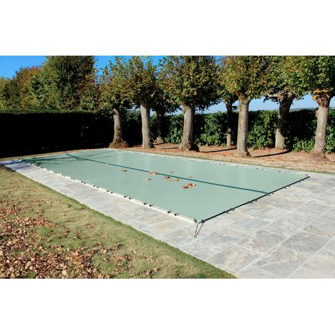 Bâche d'Hivernage Amande 10,60 x 5,60 m Pour Piscine Maximum 10 x 5 m avec Grille Centrale d'Evacuation - Fabrication Française - Direct Usine - 550 g/m² - Livrée avec Sandows Cabiclic + Pitons Crosse (1/3)