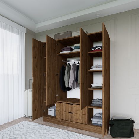 Guardaroba Grande Paterno, Armadio Camera da Letto Appendiabiti, 9 Ripiani, 2 Cassetti, 140x182h cm Marrone Noce (1/5)