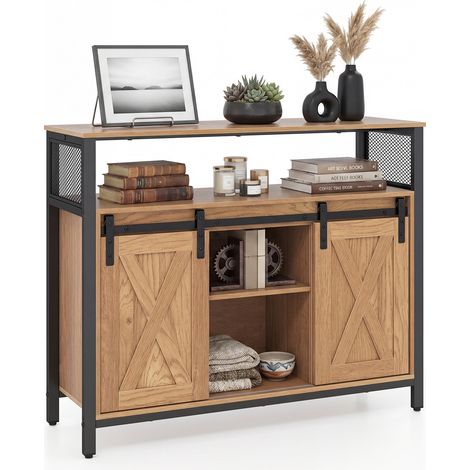 Buffet de Cuisine avec Porte Coulissante, 100x33x80 cm Meuble de Rangement Étagères Ajustables, Patins Réglables, Charge 70 kg, Kit Anti-Basculement (1/5)