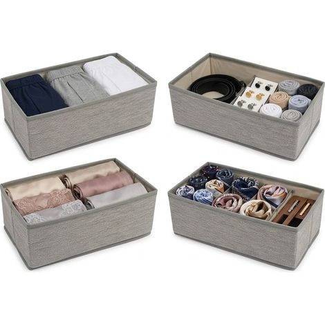 Set 4 Scatole Organizer in Tessuto Grigio Organizzatore Cassetti per Intimo Calze e Accessori  Dimensioni 28x14x11 cm Contenitori rettangolari Salvaspazio per Armadio