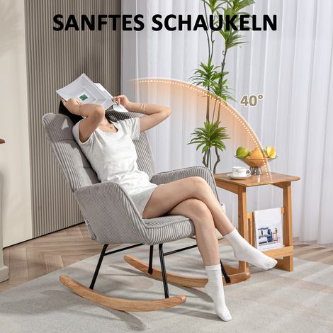 Fauteuil rocking rétro, patins courbés, coussin épais, hêtre et métal, gris clair (1/4)