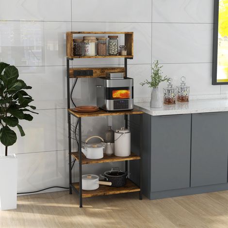 Mensola da cucina/supporto per microonde con 2 porte USB per la ricarica e 2 prese di corrente, 5 ganci e ripiano regolabile.