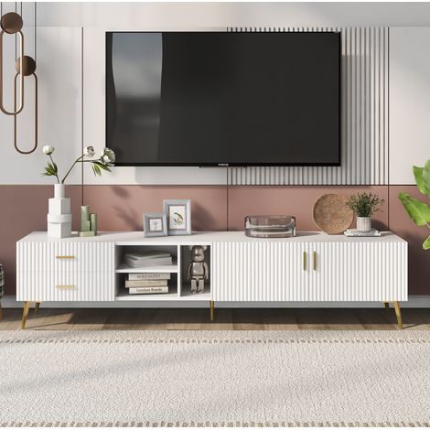 Mobile TV in MDF bianco 180x35x41 cm per TV fino a 80", con 2 cassetti, 2 ante e 3 vani a giorno (1/5)