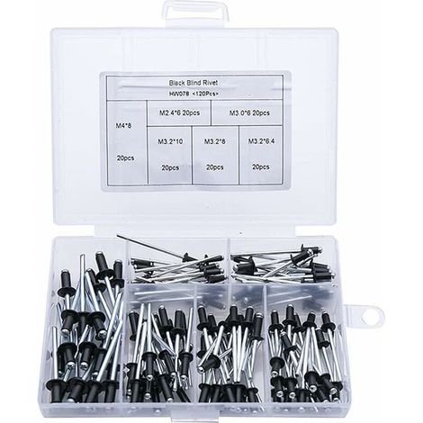 120 Stück Blindnieten, Metall-Blindnieten, Aluminium-Blindnieten, Rundkopf-Popnieten-Set für Metall, Holz, Kunststoff, Möbel (M2,4/M3,0/M3,2/M4, schwarz)
