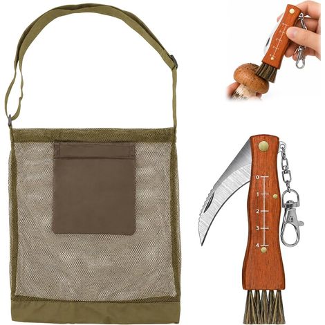 Couteau Champignon(4cm), Sac nourriture pour Champignons – Couteau à Champignons avec Brosse Intégrée, Sac à Champignons Pliable et Respirant avec Filet, Bandoulière Réglable (1/5)