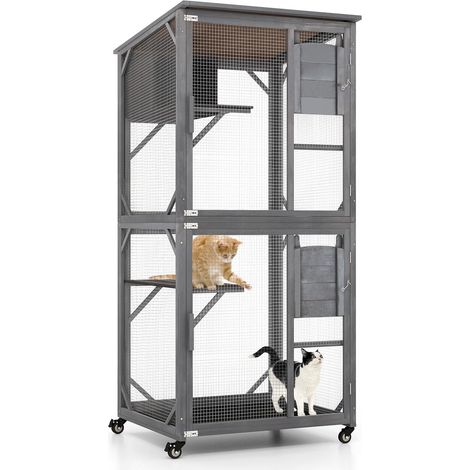 Costway – Maisonnette pour chat extérieure en bois de sapin – 2 plateformes – Toit en asphalte résistant aux intempéries – 80 x 70 x 182 cm