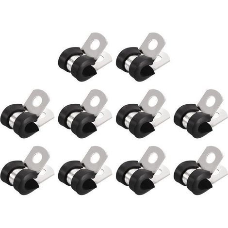 (e, schwarz) 20-teiliges Set 6-mm-Schlauchschellen aus Edelstahl 304 mit gepolsterter, isolierender Gummierung, starrer Netzgurtclip zur Befestigung von Rohren und Schläuchen (1/4)