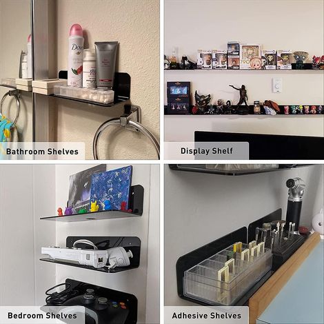 Ensemble de 2 étagères murales flottantes en acrylique, gain de place sans abîmer vos murs, petite étagère d'exposition pour enceintes connectées/figurines avec clips de câble-AquaForge (1/3)