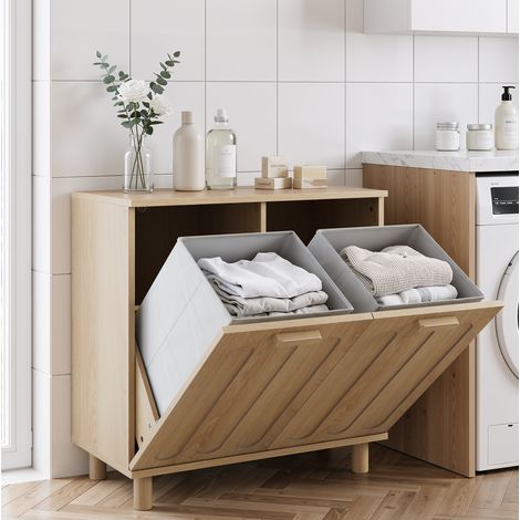 Mobile portabiancheria 66x35x67 cm in MDF rovere con 2 cesti removibili - MEUBLIV (1/5)