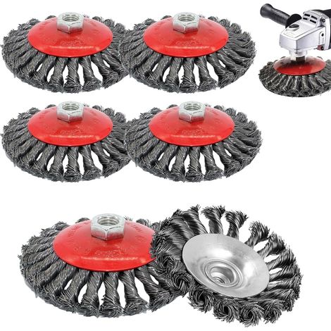 Juego de 6 cepillos metálicos para amoladoras, cepillos cónicos de Ø125 mm para amoladoras angulares, cepillos de lijado de acero M14 para taladros y amoladoras angulares, eliminación de óxido, pulido (1/5)