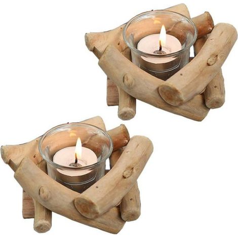 Ensemble de 2 photophores en bois avec coupelle en verre, style bois flotté, pour centres de table de mariage champêtres. (1/5)