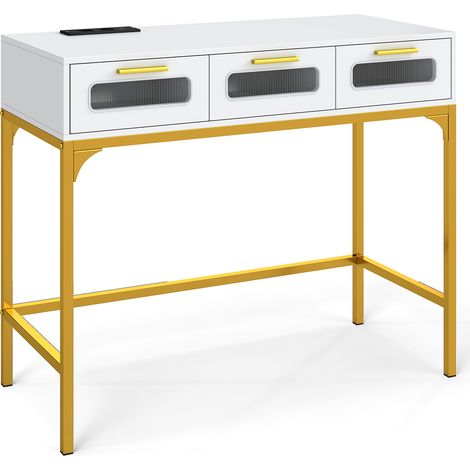 Console Meuble Éclairage LED, Console Entree avec Prise, 3 Tiroirs Transparentes, Cadre en métal, Design Moderne, pour Salon, Couloir, Blanc doré (1/5)