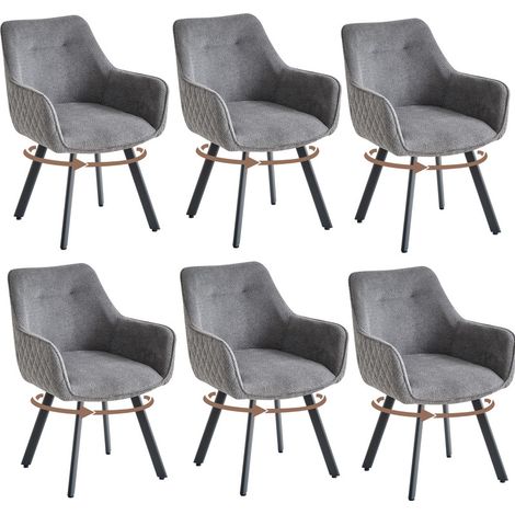 Wokaka Set di 6 sedie, girevoli a 360°, moderne sedie da pranzo, schienale alto con motivo a rombi, rivestimento in lino, grigio scuro