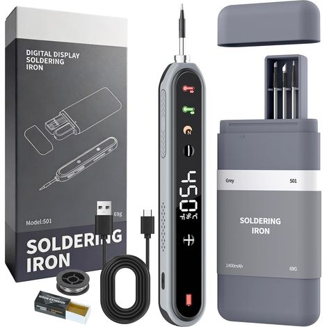 Soldador Sin Cable - Batería 1400 mAh - Calentamiento en 8 s - Temperatura Ajustable 180-450 °C - 3 Punta - Para Electrónica (1/5)